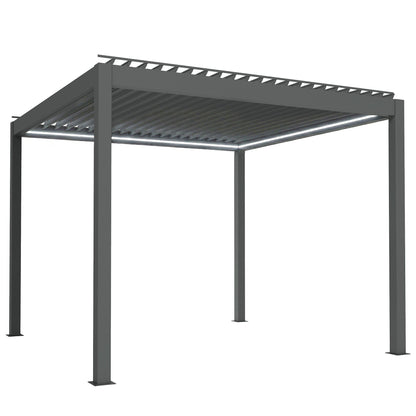 Outsunny 3 x 3(m) Electric Louvered Pergola with LED Lights, Aluminium Pergola Hardtop Gazebo with Remote, Adjustable Roof and Drainage System, Water and UV Proof