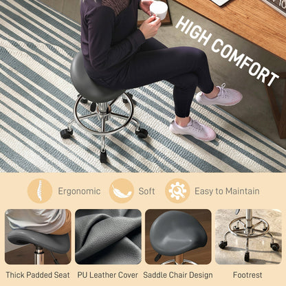 HOMCOM Salon Saddle Stool, Rolling Saddle Chair for Massage, Spa, Clinic, Beauty, Hairdressing and Tattoo, Grey