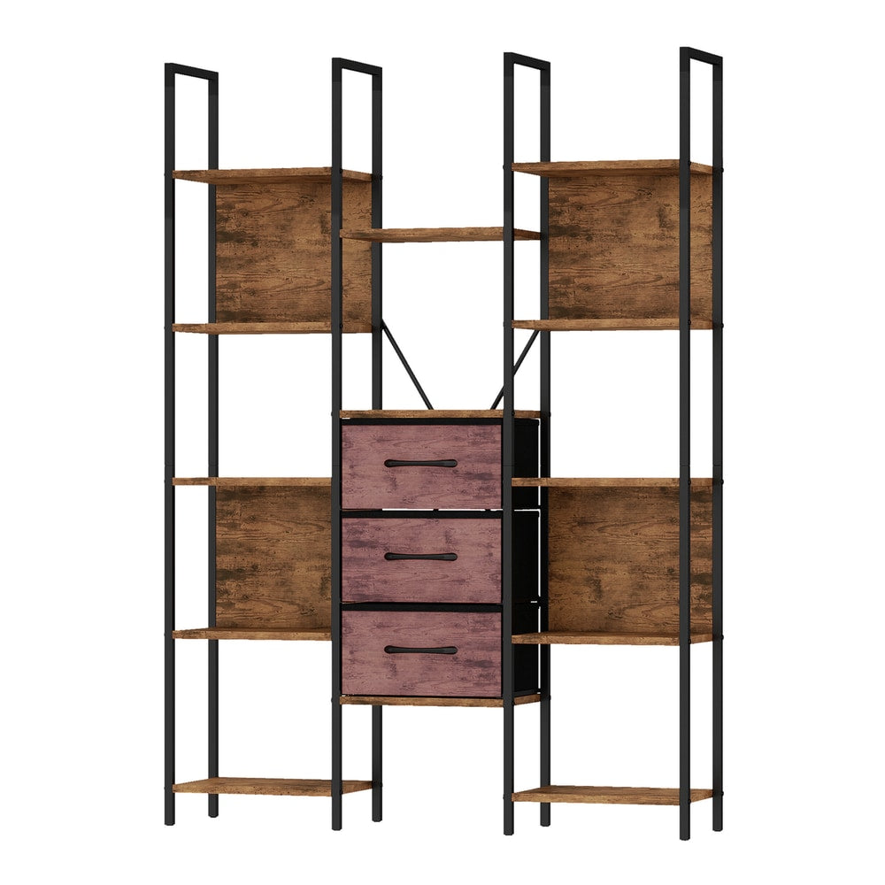 HOMCOM Bookshelf with Drawers Bookcase Open Shelves Storage Unit Study Bedroom Living Room Rustic Brown