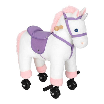 AIYAPLAY Unicorn Rocking Horse, Plush Ride On Horse with Hoof and Neighing, Rolling Wheels and Pedal for 3-8 Y, Up to 50kg, White