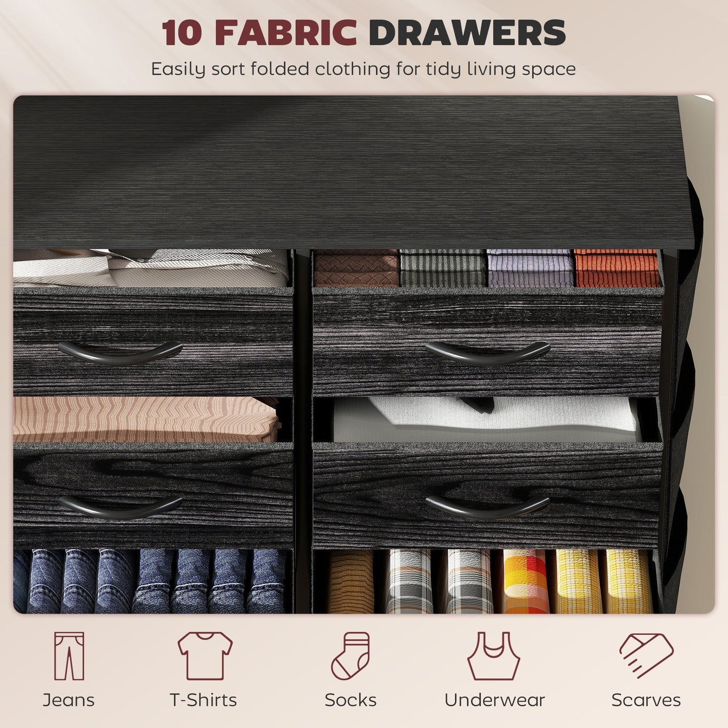 HOMCOM Chest of Ten Fabric Drawers - Black