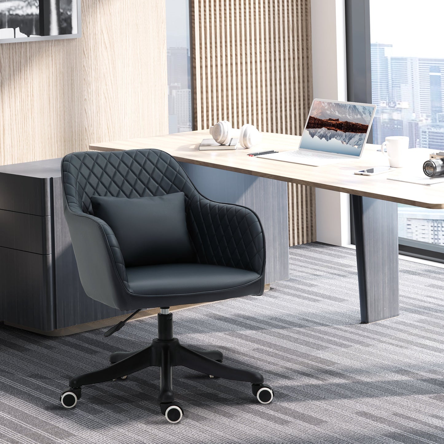 Vinsetto PU Leather Office Chair, Desk Chair, Makeup Vanity Chair with Massage Lumbar Pillow and Rolling Wheels for Bedroom and Home, Deep Blue