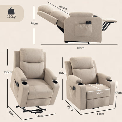 HOMCOM Riser Recliner Chair with Massage and Heat, Linen Electric Lift Armchair for Elderly with Spring Cushion, Beige