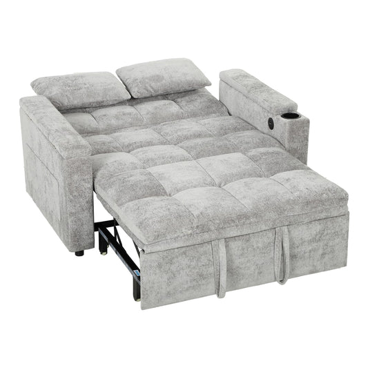 HOMCOM 2 Seater Sofa Bed, 3-in-1 Convertible Pull Out Sleeper Bed with Hidden Table, USB Port, Armrest Storage, Grey