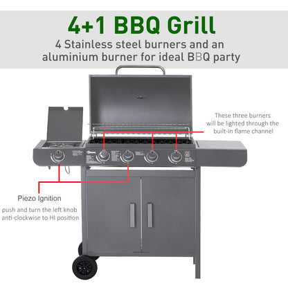 Outsunny 4+1 Burner Gas BBQ Grill, Outdoor Barbecue Trolley with Wheels, Warming Rack, Side Shelves, Cabinet, Thermometer for Garden, Party, Camping, 125L x 51W x 100Hcm, Grey
