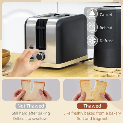 HOMCOM Stainless Steel Kettle and Toaster Set, 1.7L 3000W Fast Boil Kettle & 2 Slice Toaster Kitchen Set with 7 Level Browning Controls, Defrost, Reheat, Auto Off, Boil-dry Protection, Black