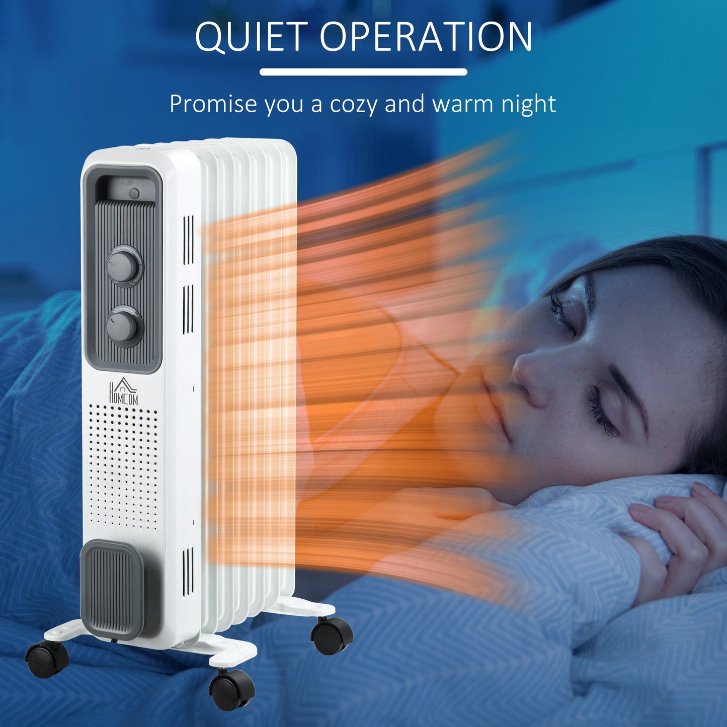 HOMCOM سخان زيت 1500 واط، مدفأة كهربائية محمولة مع 3 إعدادات حرارة، فصل تلقائي للسلامة وعجلات، أبيض