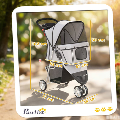 PawHut Dog Stroller, 3 Wheels Foldable Pet Stroller with Adjustable Canopy, Storage Basket for Small Mini Breeds, Grey