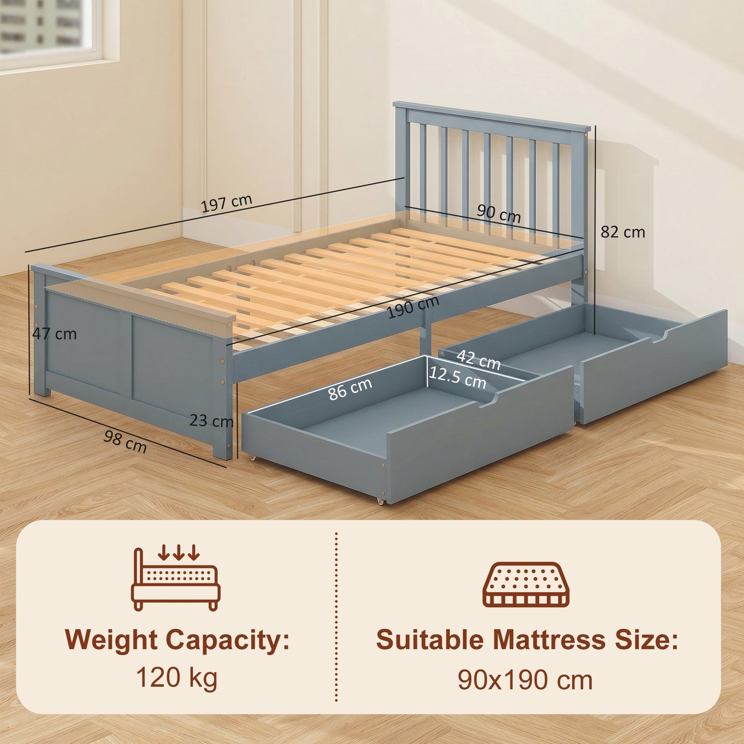HOMCOM Pine Storage Bed, 3ft Single Solid Wooden Bed Frame with Drawers, Headboard, Wood Slat Support, Grey
