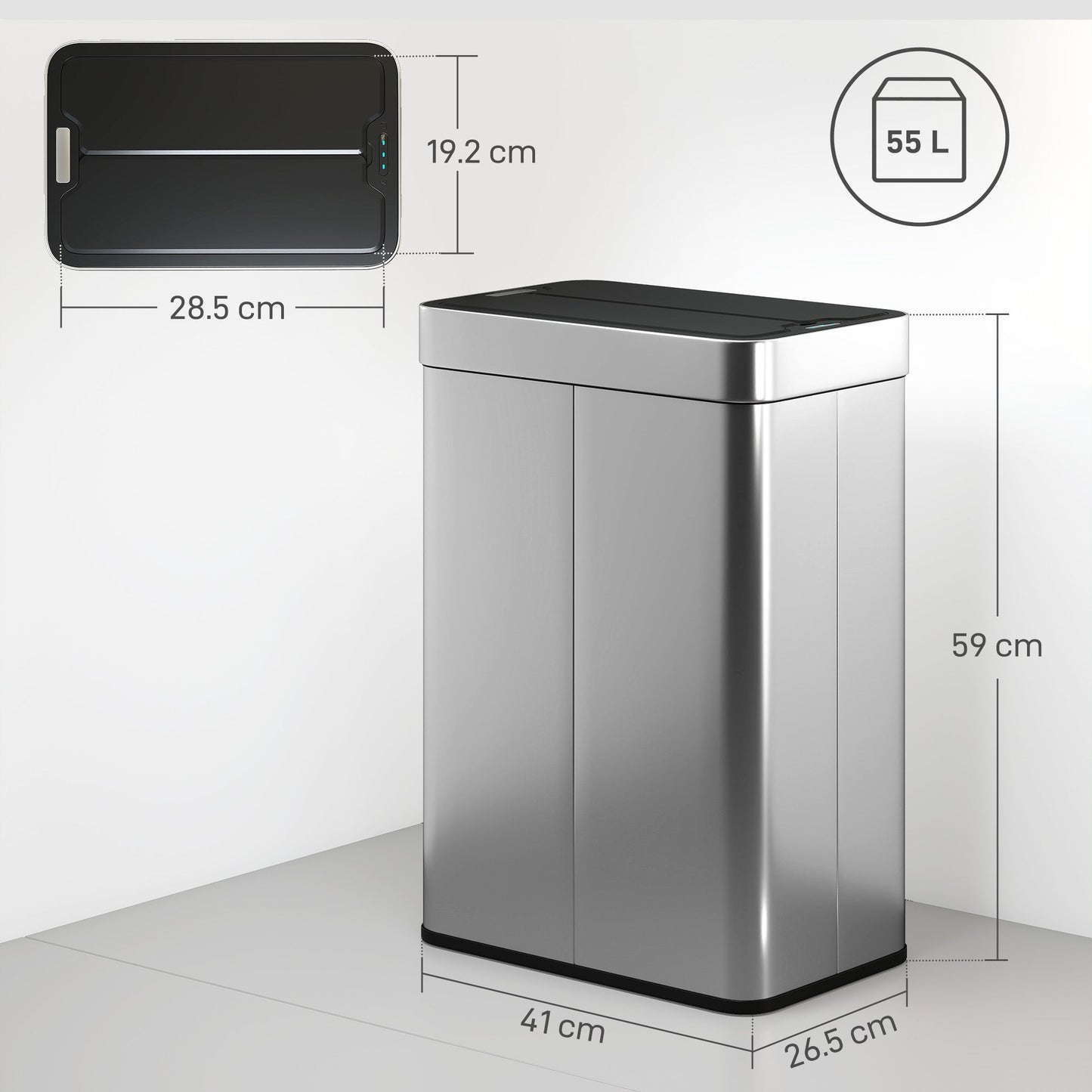 HOMCOM 55L Sensor Bin, Large Automatic Touchless Rubbish Bin with Soft-Close Lid, Silver Tone