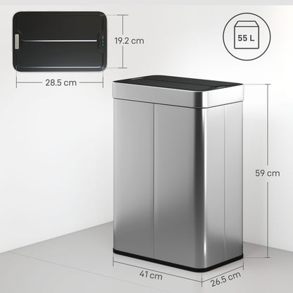 HOMCOM 55L Sensor Bin, Large Automatic Touchless Rubbish Bin with Soft-Close Lid, Silver Tone