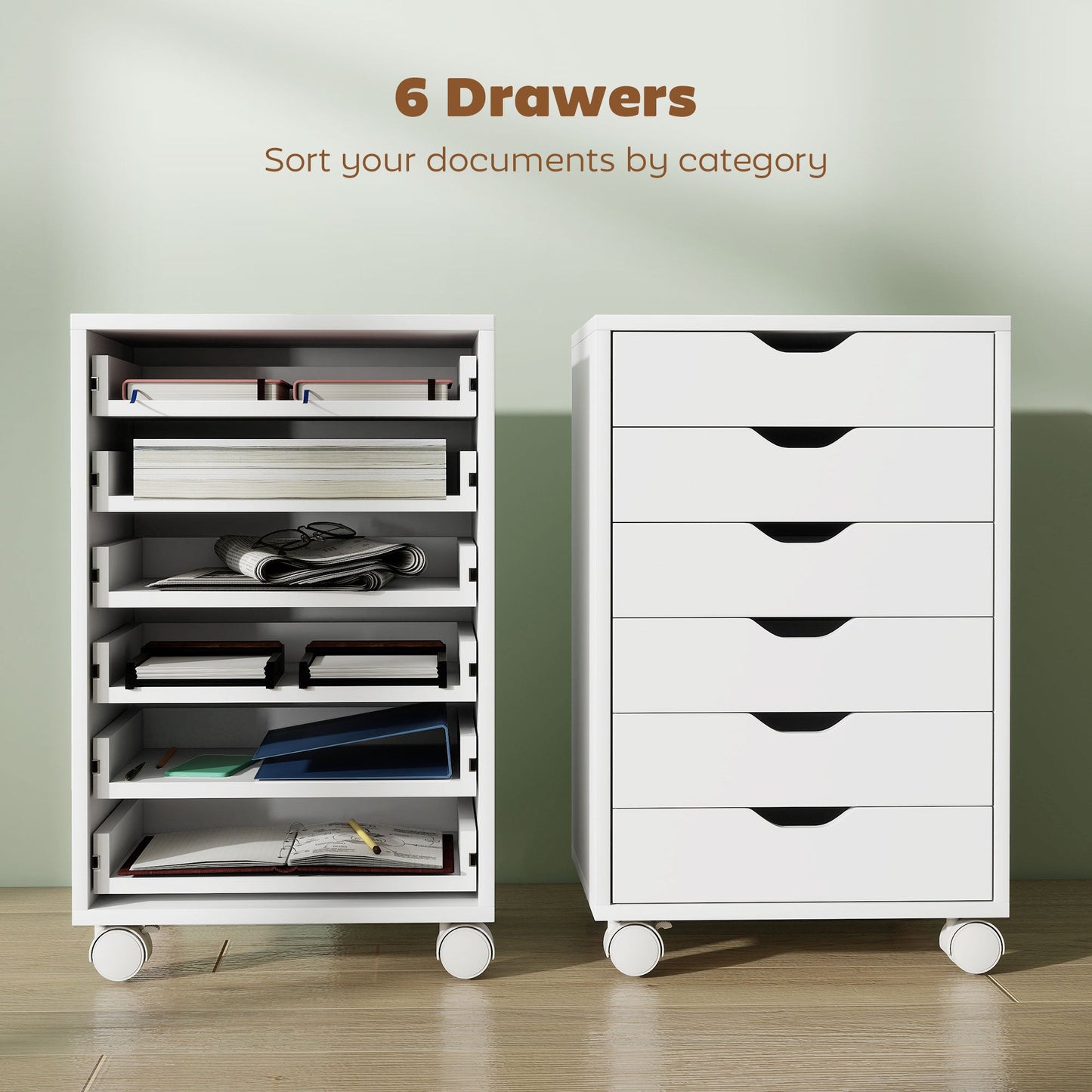 HOMCOM 6 Drawer Vertical File Cabinet, Mobile Filing Cabinet with Quiet Drawers and Wheels with 2 Brakes, White
