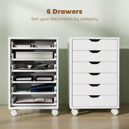 HOMCOM 6 Drawer Vertical File Cabinet, Mobile Filing Cabinet with Quiet Drawers and Wheels with 2 Brakes, White