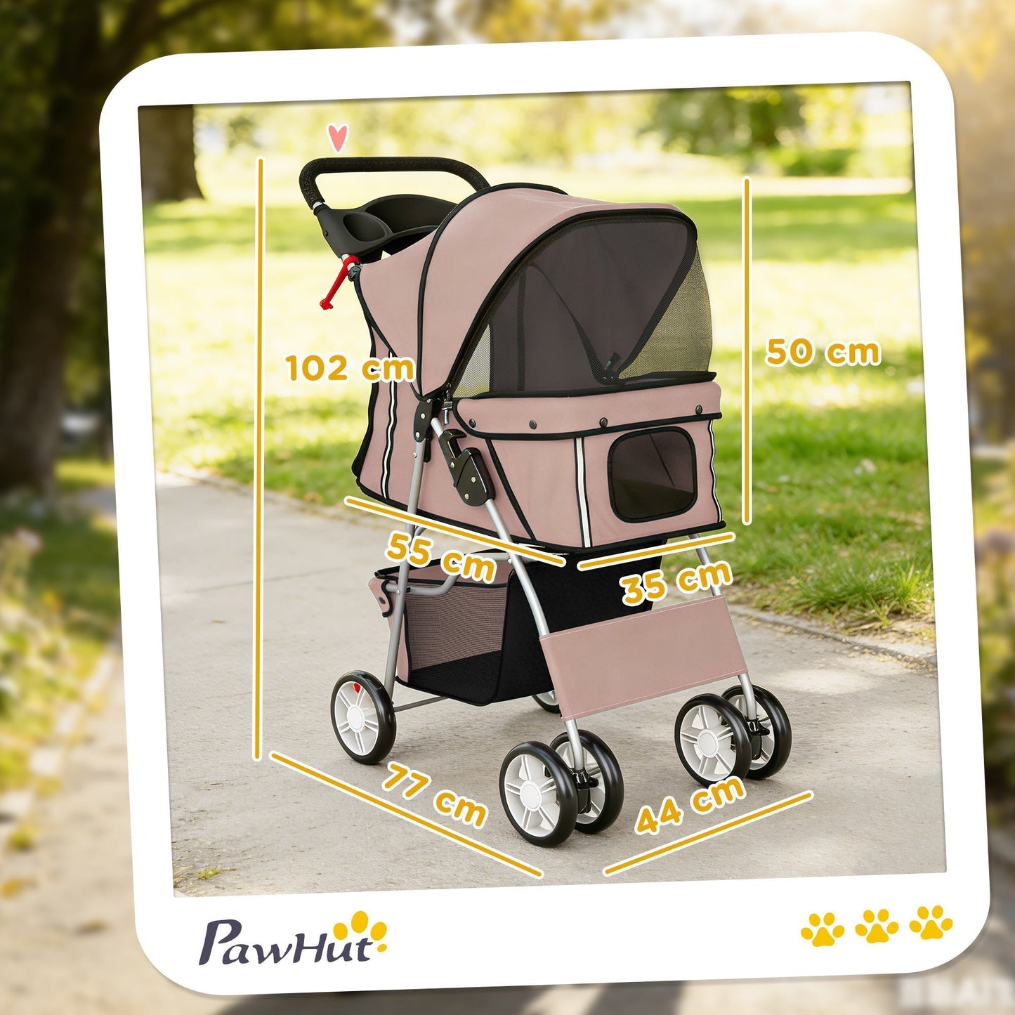 PawHut Dog Pram, Pet Stroller with Reflective Strips, Foldable Cat Stroller with 360 degrees Swivel Wheels, Brown