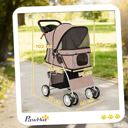 PawHut Dog Pram, Pet Stroller with Reflective Strips, Foldable Cat Stroller with 360 degrees Swivel Wheels, Brown