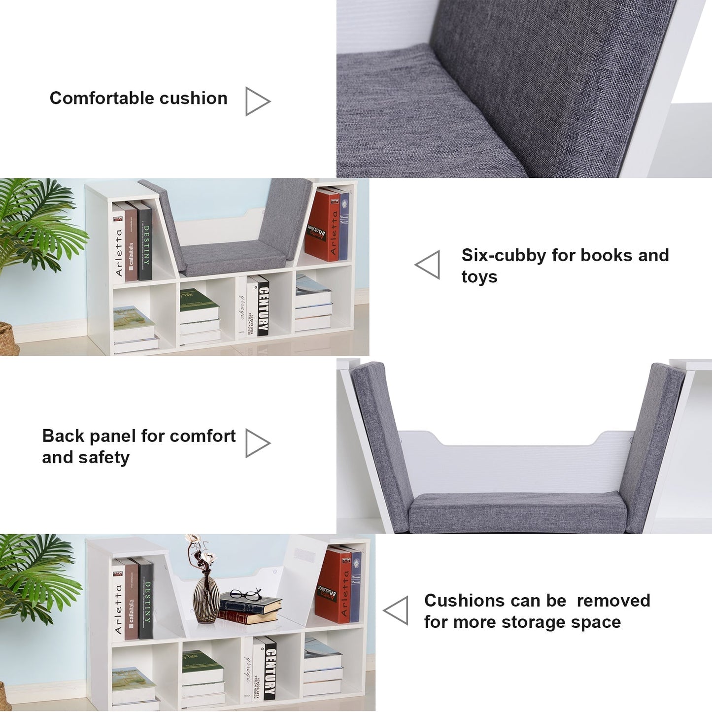 HOMCOM Bookcase Storage Shelf with Cushioned Reading Seat, Cube Bookshelf Organizer for Bedroom Living Room, White