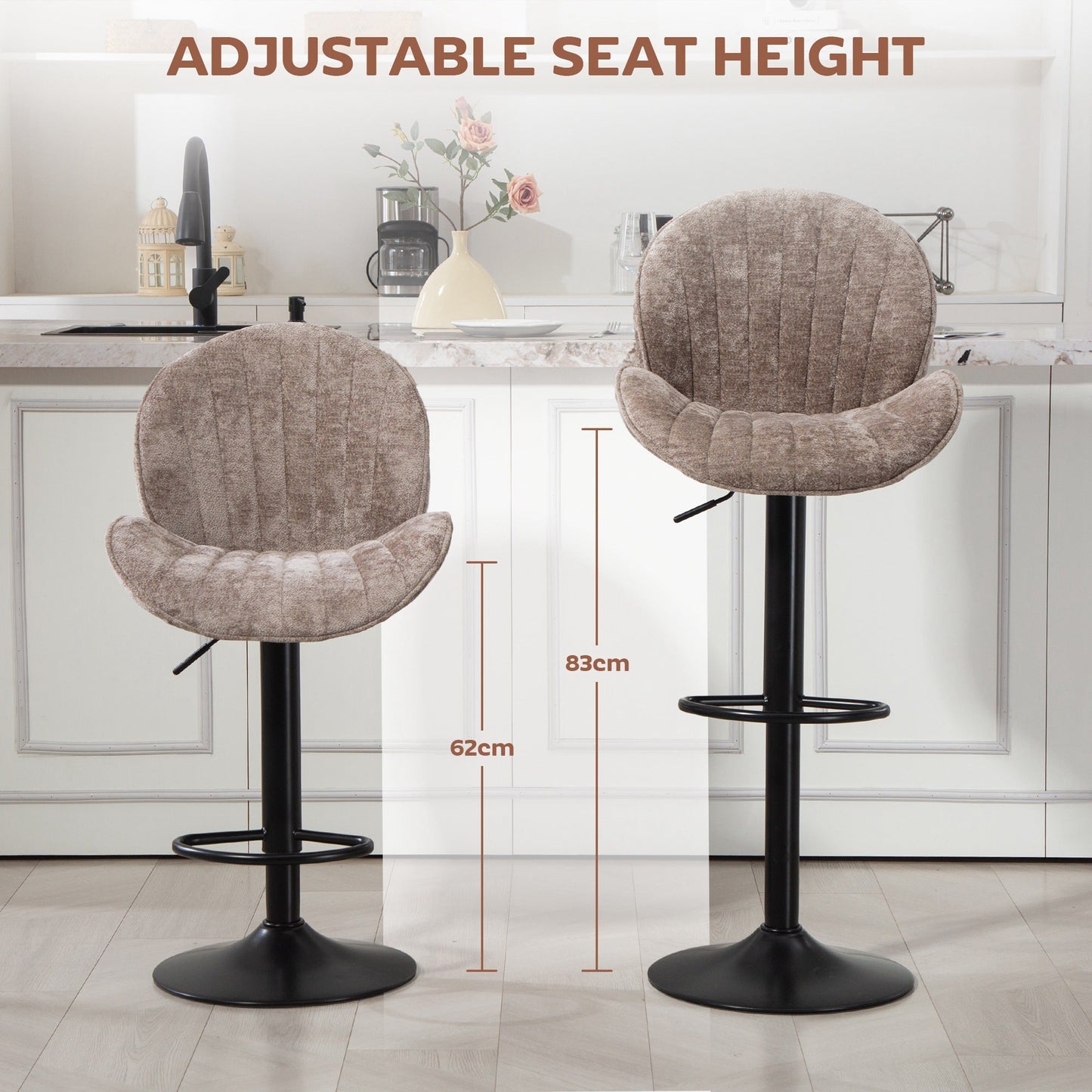 HOMCOM Bar Stools Set of 2, Swivel Barstools with Back, Adjustable Height and Footrest for Kitchen Island, Dining Room, Brown
