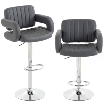 HOMCOM Bar Stools Adjustable Swivel Kitchen Chairs with Backrest Armrest Set of 2 PU Leather Grey