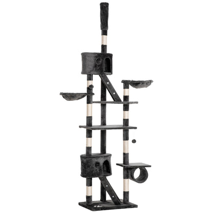 PawHut Floor-to-Ceiling Cat Tree for Indoor Cats, 240-260cm Adjustable Cat Tree - Dark Grey