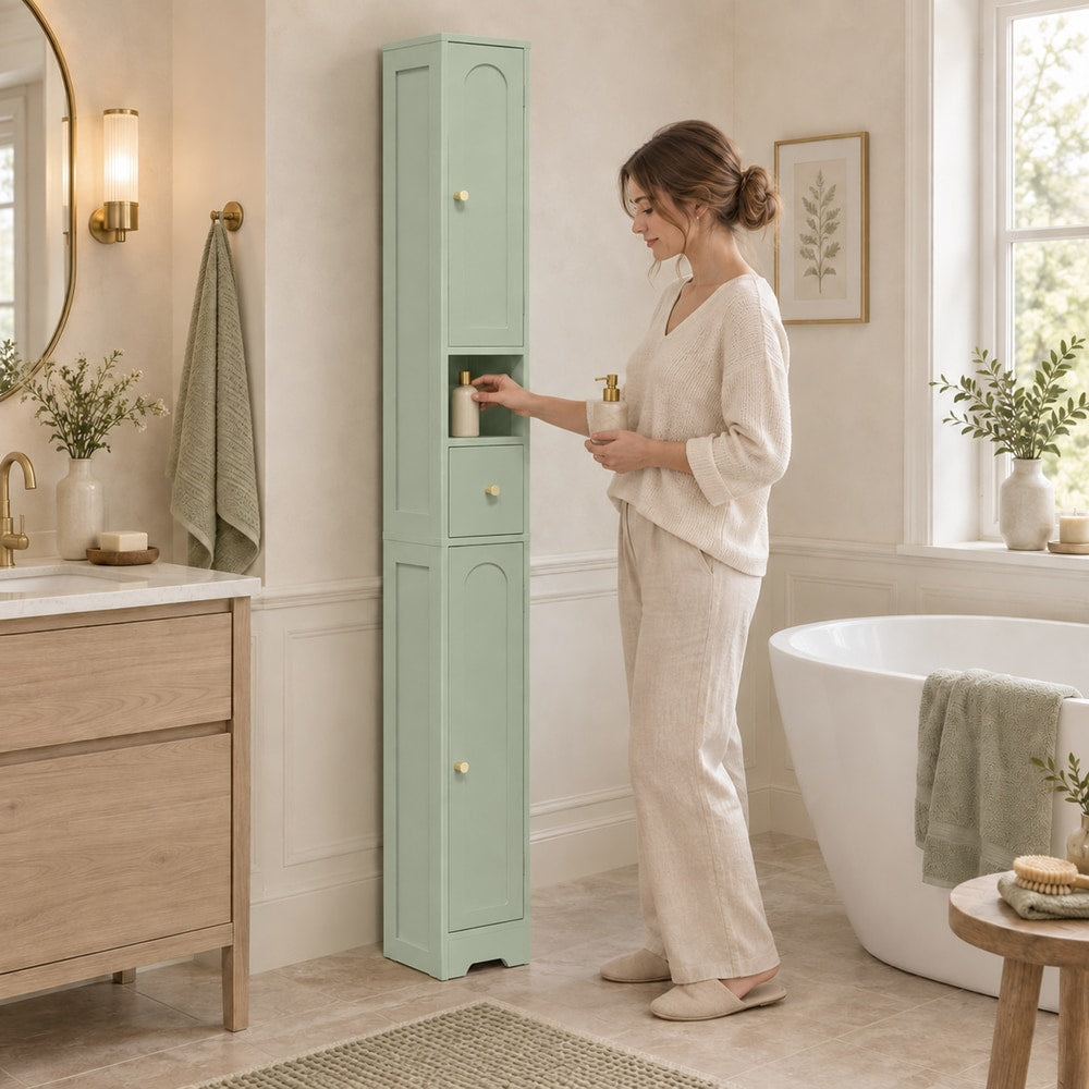 HOMCOM 185 cm Tall Bathroom Cabinet with Arched Doors - Light Green