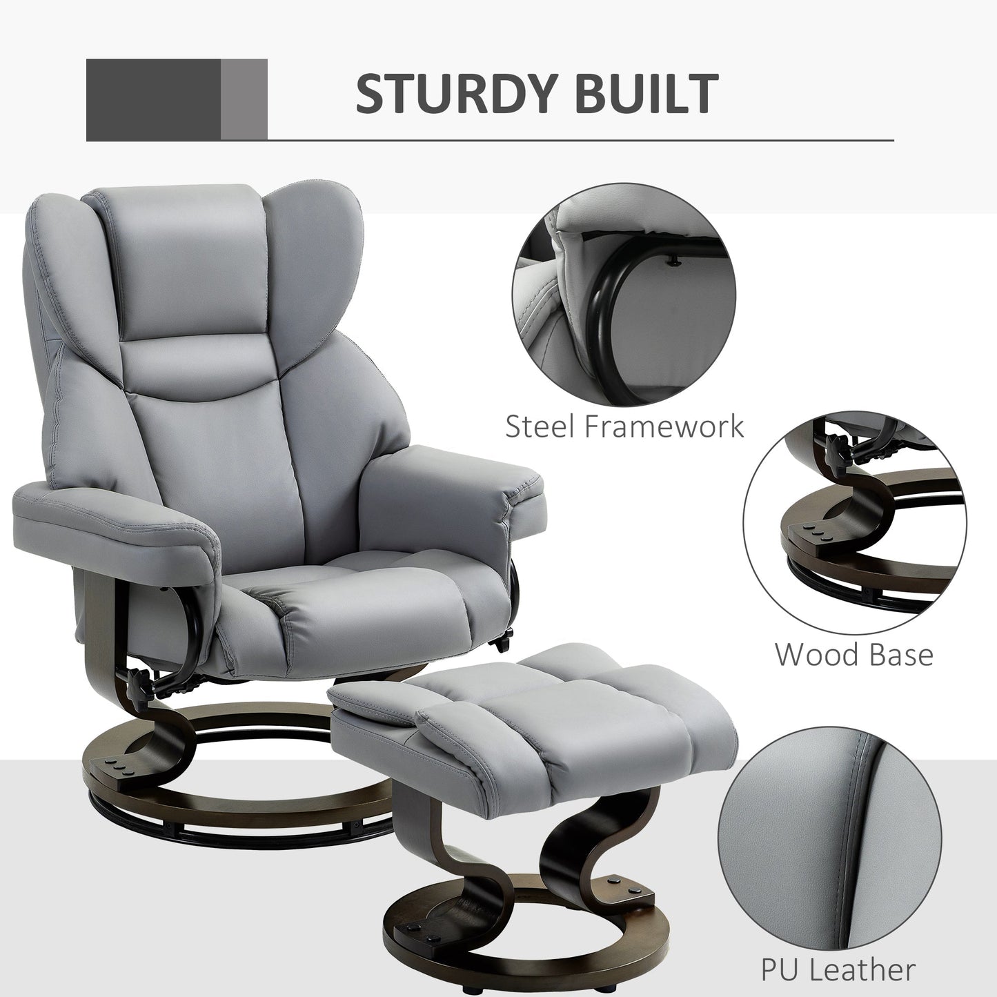 HOMCOM 360 degrees Swivel Recliner Chair with Footstool, PU Leather Manual Recliner Armchair with Footstool, Solid Wood Base, Upholstered Reclining Chair for Living Room, Bedroom, Office, Light Grey