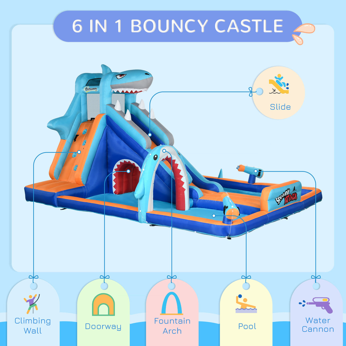 Outsunny 6 in 1 Shark-Themed Bouncy Castle in Multi Colour