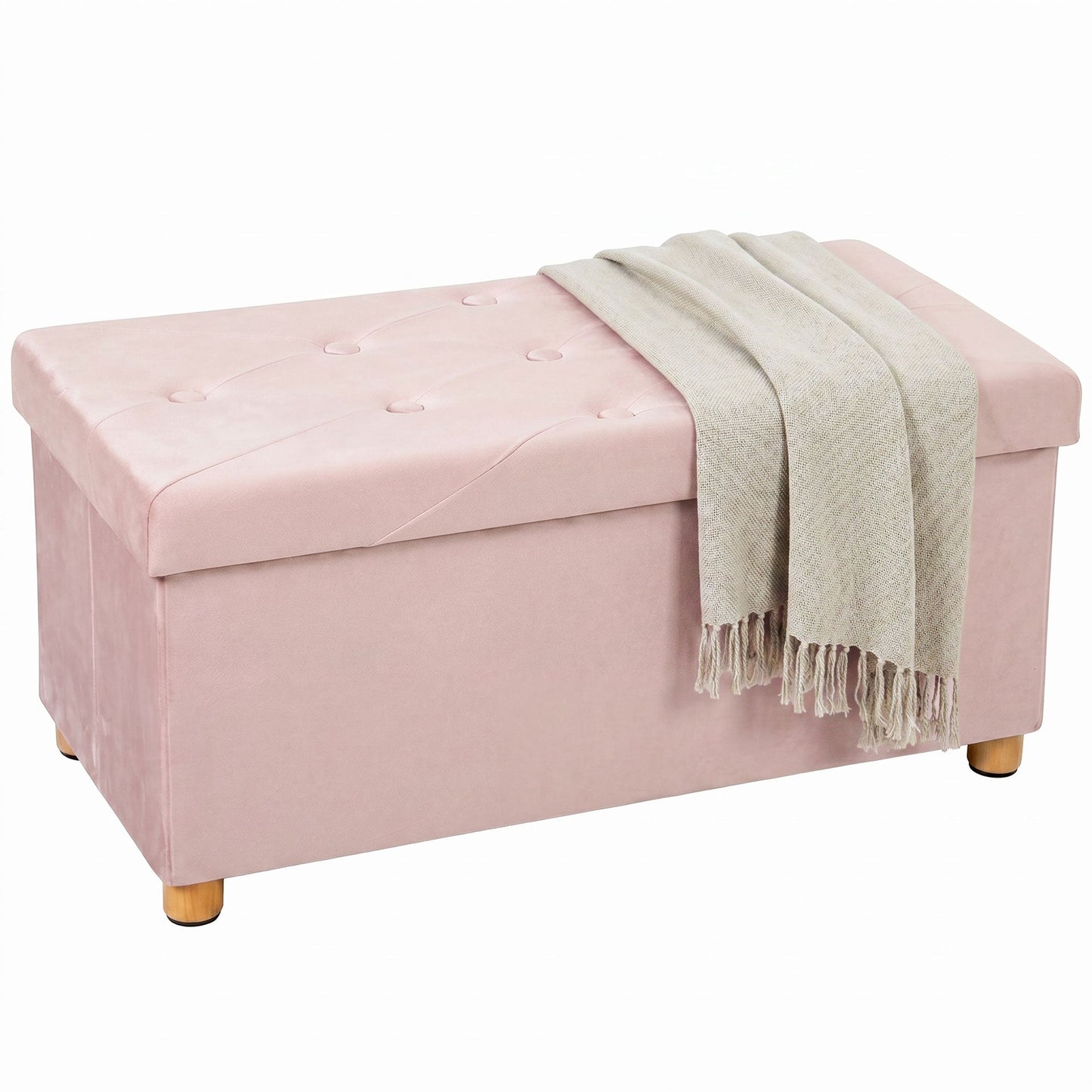 HOMCOM Velvet Upholstered Foldable Ottoman Footrest, Storage Ottoman Bench with Wood Legs for Living Room, Pink
