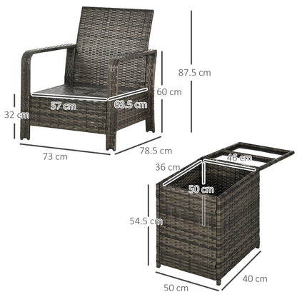 Outsunny 3 Pieces Rattan Bistro Set, Wicker Garden Furniture Set with Storage Coffee Table and Chairs, Thickened Cushions for Outdoor, Patio, Balcony, Grey