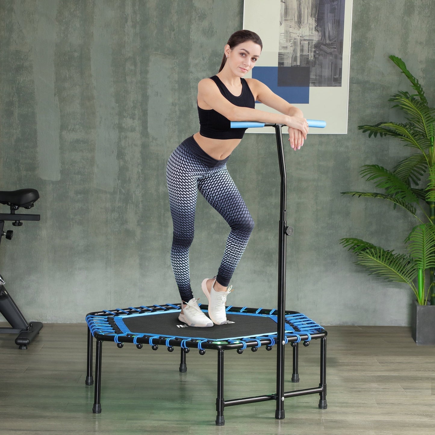 SPORTNOW ترامبولين ارتدادي 45 بوصة للكبار، ترامبولين ارتدادي هادئ بحبل مطاطي مع أضواء LED ومقبض قابل للتعديل، أزرق