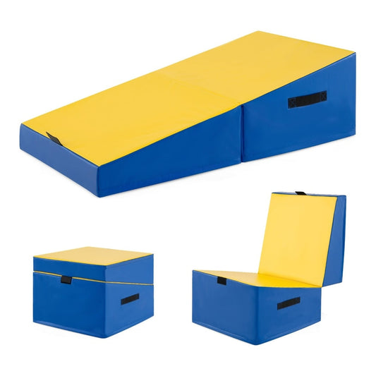 Incline Gymnastics Mat in yellow and blue, folded into two sections