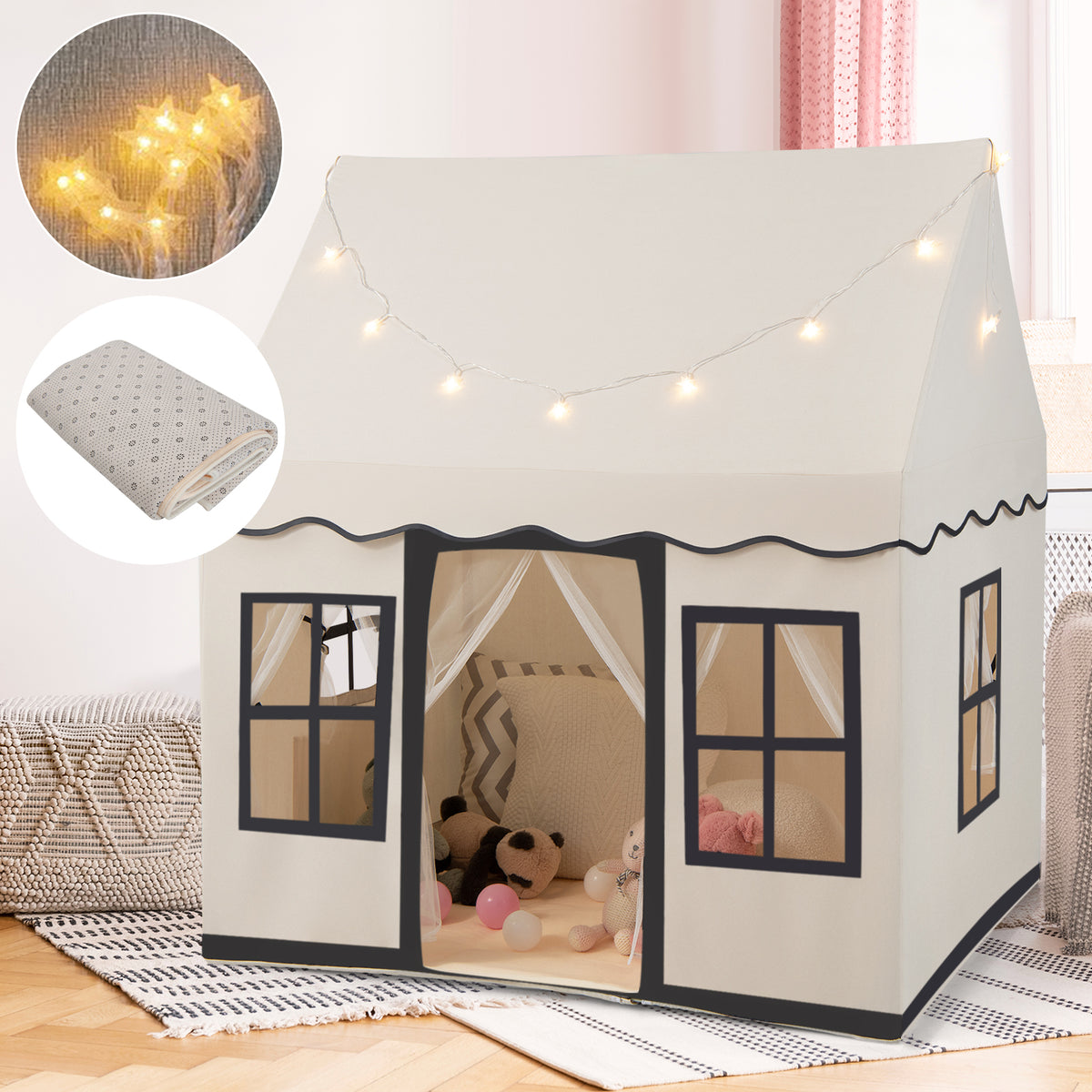 The fabric playhouse with inset circles showing the star lights and the floor mat