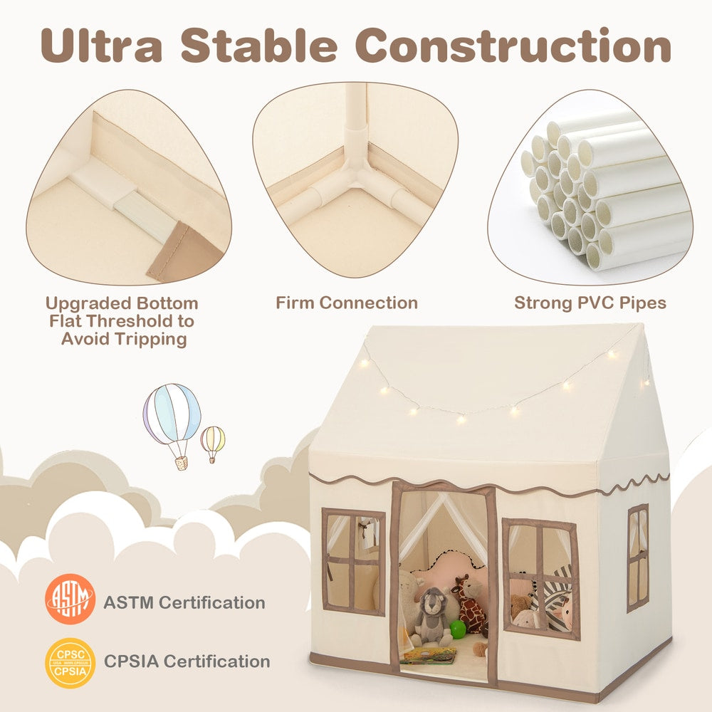 Close-ups of the play tent construction showing firm connections and PVC pipes