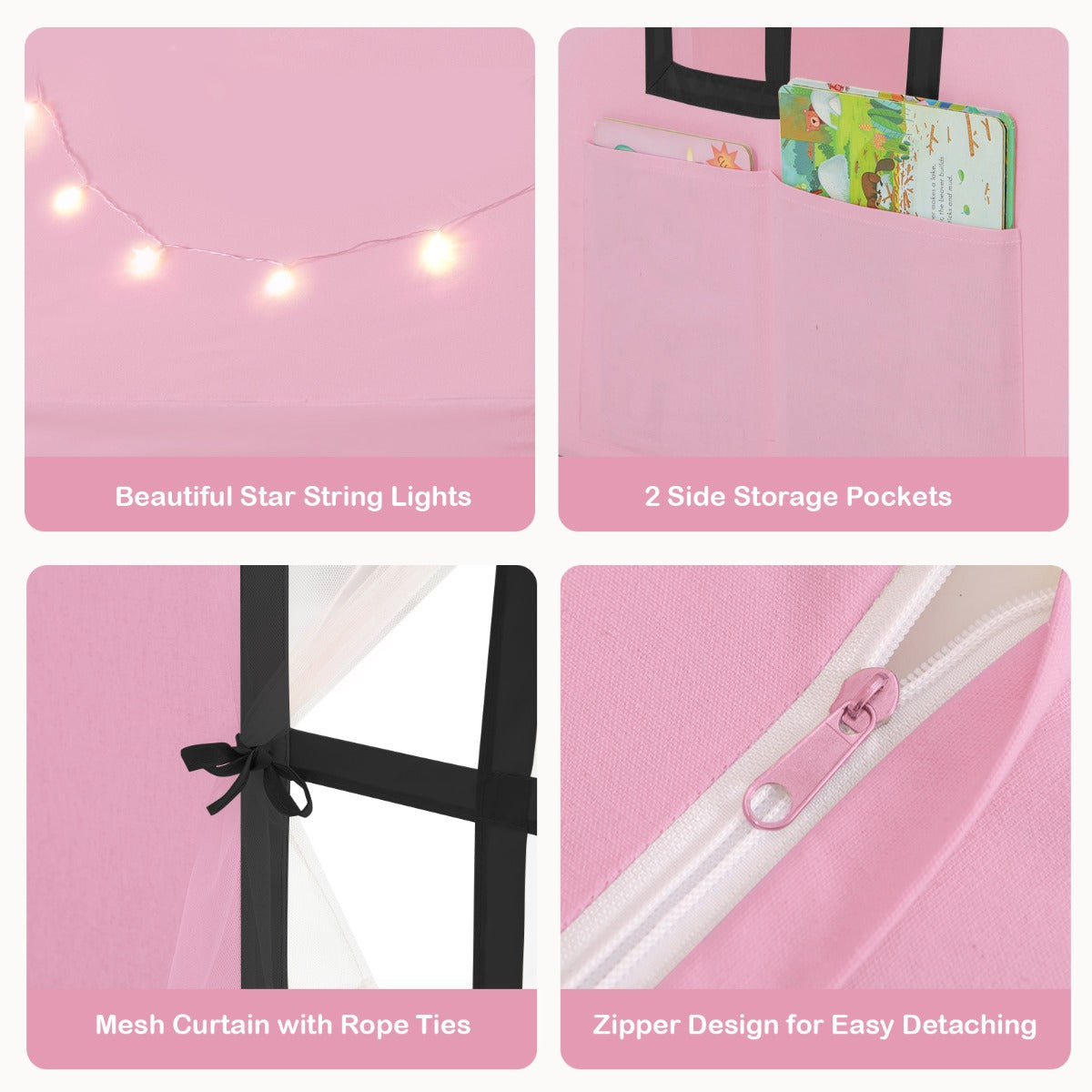 The playhouse showing close-up details of star lights, storage pockets, curtains and a zipper