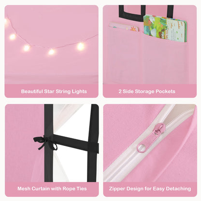 The playhouse showing close-up details of star lights, storage pockets, curtains and a zipper