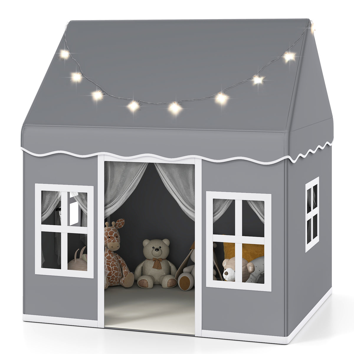 Indoor Kids Play Tent with star lights, a grey fabric playhouse with white trim and windows