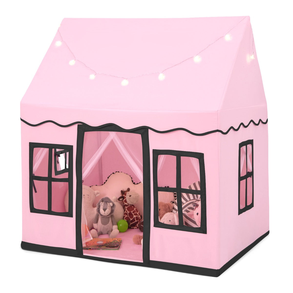 Indoor Kids Play Tent in pink with star lights and soft toys inside on a white background