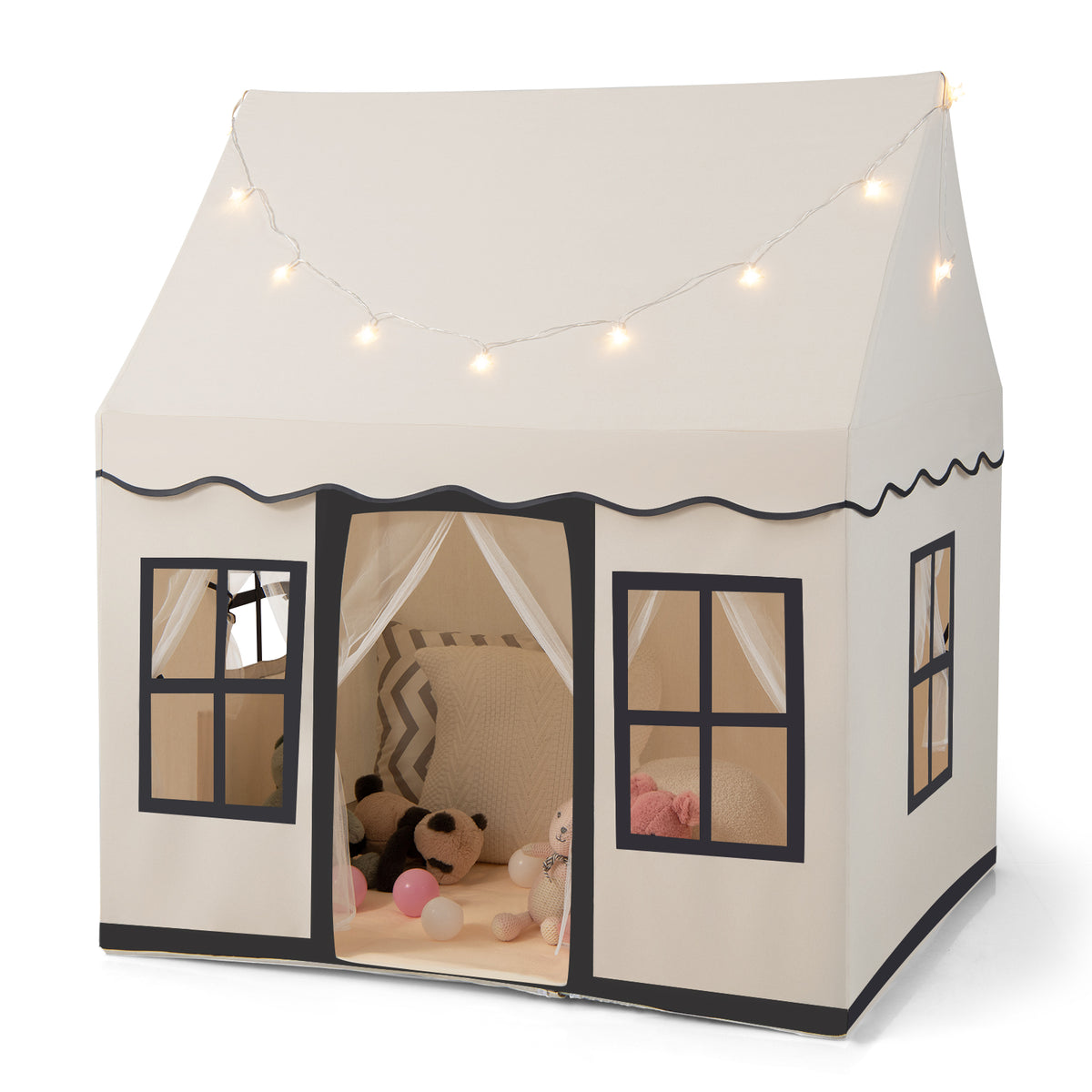 Indoor Kids Play Tent in beige with star lights and soft toys inside on a white background