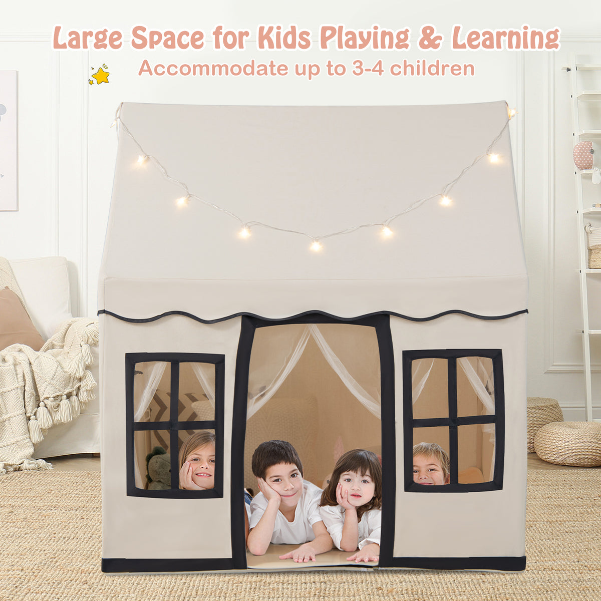The beige playhouse with four children sitting inside playing together