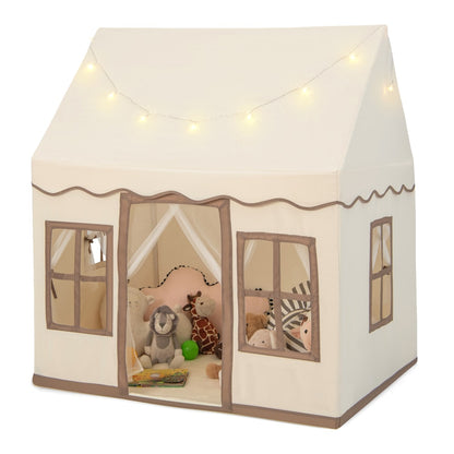 Indoor Kids Play Tent with star lights, a brown and cream fabric playhouse with windows and a door