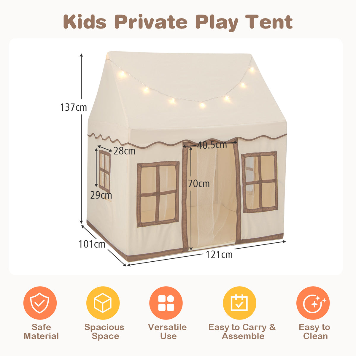 A diagram showing the dimensions of the brown and cream play tent with star lights