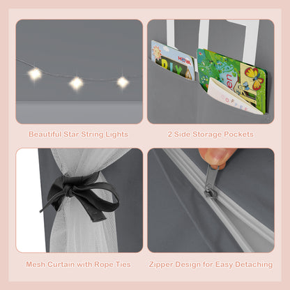 Details of the grey play tent including star lights, pockets and zipper
