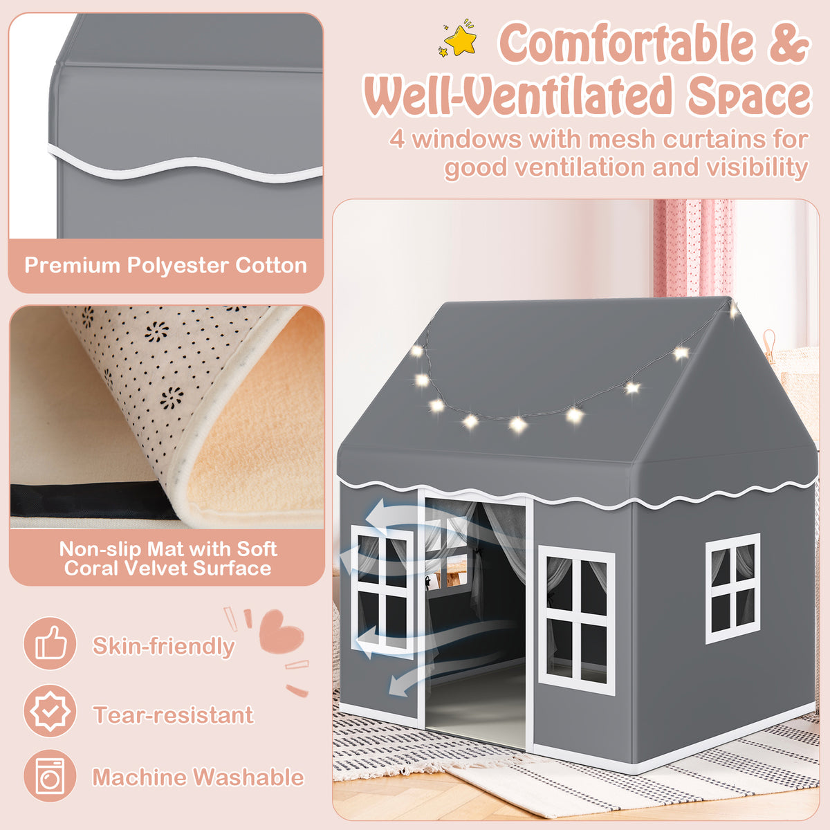 Comfortable and well-ventilated play tent with mesh curtains and soft mat