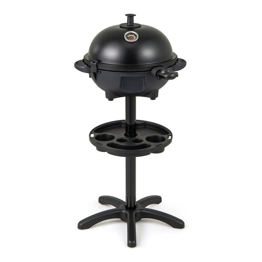 Indoor Outdoor Grill with 2-Zone Non-Stick Grilling Plate standing on a black pedestal base