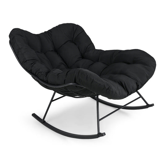 Indoor Outdoor Rocking Chair a black oversized papasan chair with a metal frame and rocking base