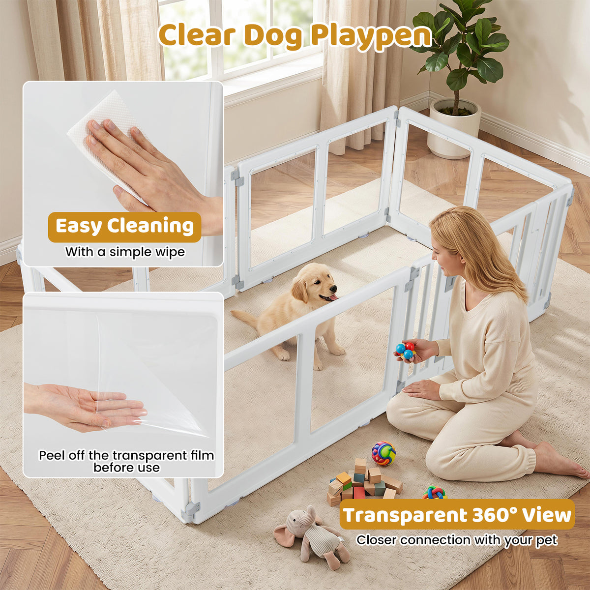 A woman cleans the transparent pet fence while a puppy plays inside