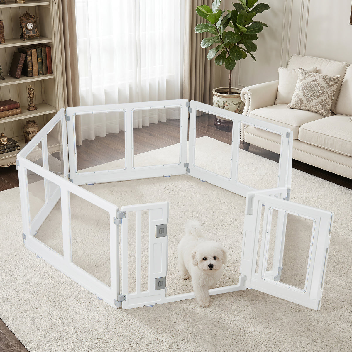 A small white dog walks out of the transparent pet fence in a room