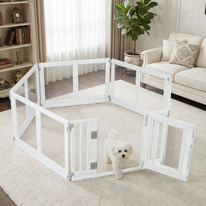 A small white dog walks out of the transparent pet fence in a room