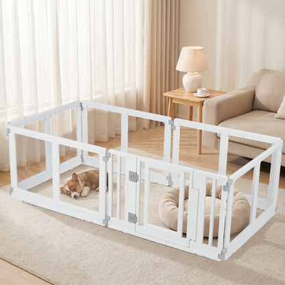 The transparent pet fence is set up in a living room with a small dog sleeping inside