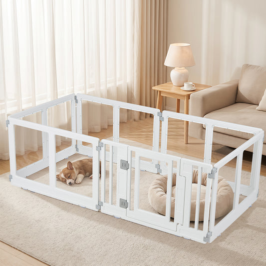The transparent pet fence is set up in a living room with a small dog sleeping inside