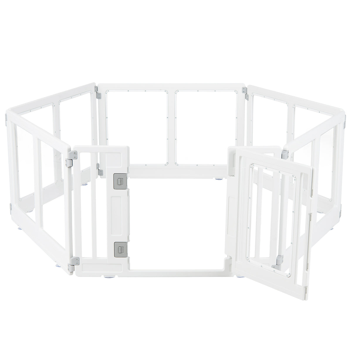 The transparent pet fence is shown with the door open and panels slightly angled